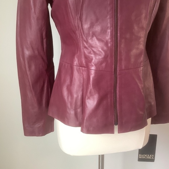 NEW Badgley Mischka Genuine Leather Peplum‎ Jacket Burgundy 67047 Size M - Picture 5 of 15
